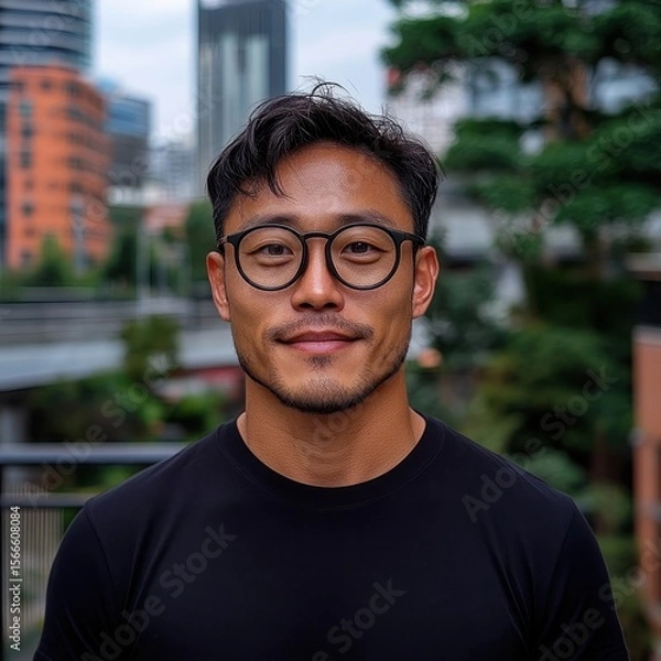 Obraz Young Man with Glasses Smiling in Urban Landscape Setting