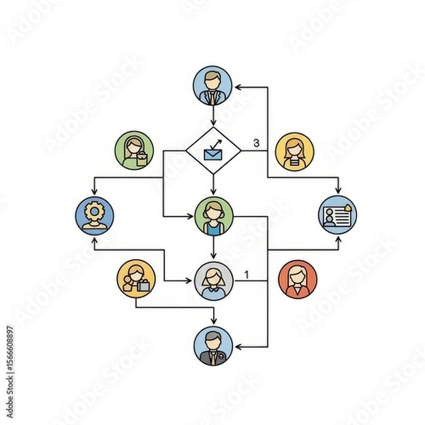 Fototapeta Flowchart diagram illustrating a process with people icons and a central decision point with an email