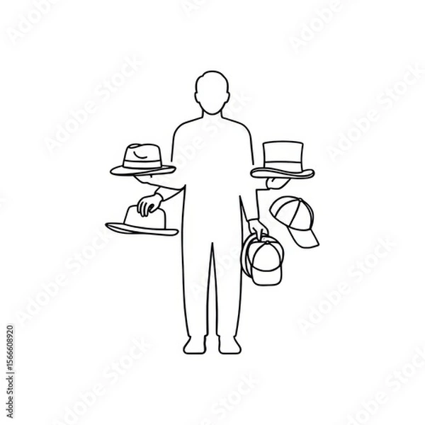 Fototapeta Line drawing of a person holding hats with multiple arms showing different hat styles and headwear types