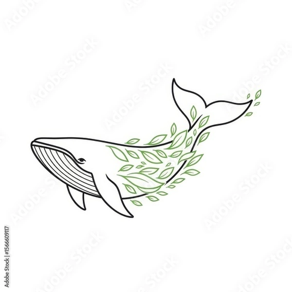 Fototapeta Whale outline adorned with green leaves creating a nature inspired aquatic animal illustration