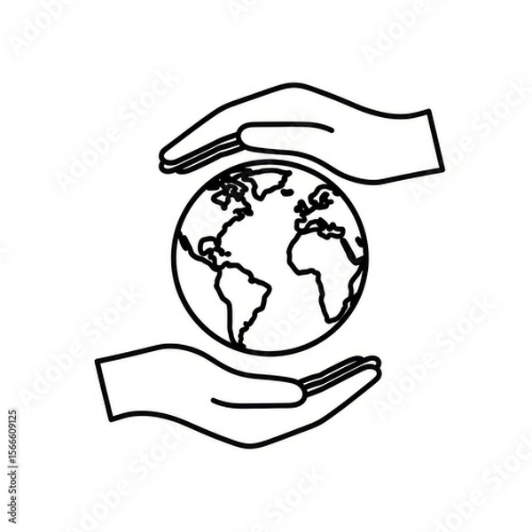 Fototapeta Outline drawing of earth globe being held protectively between two hands on a white background