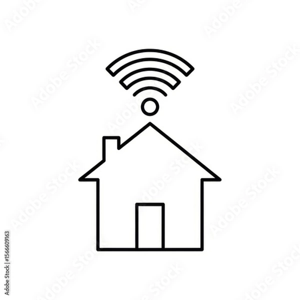 Fototapeta A simple line drawing of a house with a wifi symbol above it in black and white minimalist style