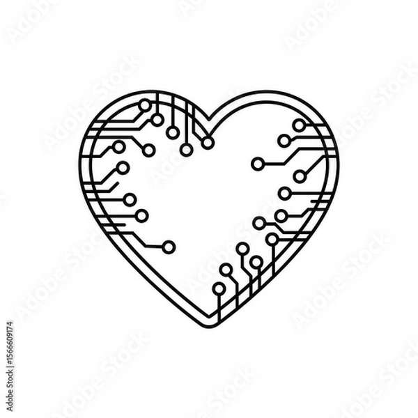 Fototapeta A heart shaped outline with circuit board design on a white background in a minimalist style art