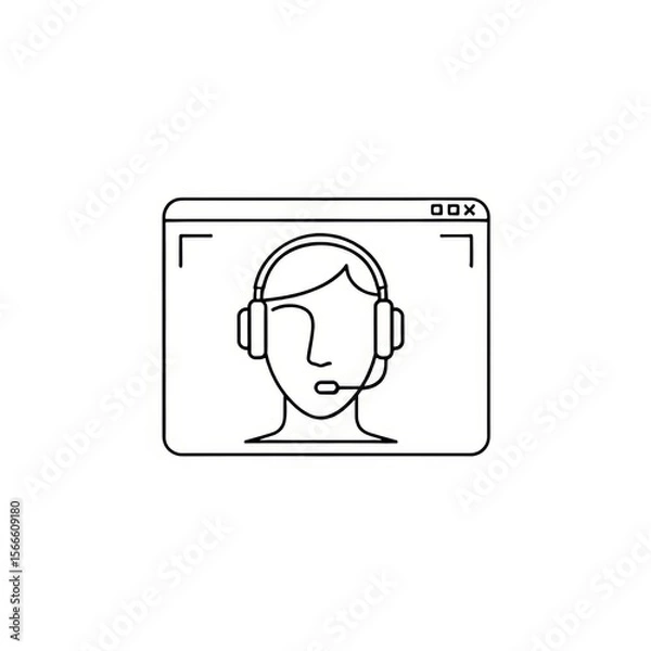 Fototapeta Outline drawing of a person with headset in a square frame representing a video call interface design
