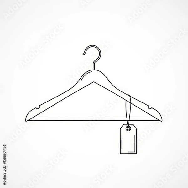 Fototapeta Outline drawing of a wooden clothes hanger with a tag hanging from it on a white background plain style