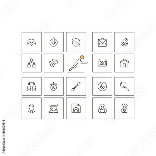 Fototapeta Collection of square icons depicting various concepts and symbols in a minimalist style design layout