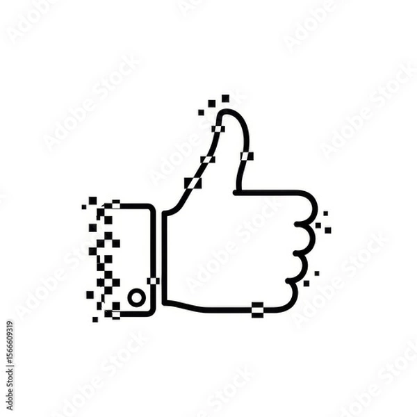 Fototapeta A digital thumbs up icon with pixelated edges in black and white against a plain white background