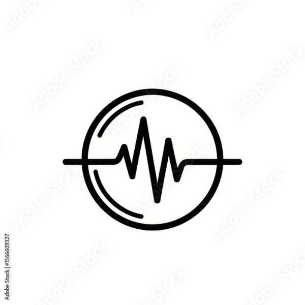 Fototapeta Black and white illustration of a waveform inside a circle with horizontal lines on each side of it