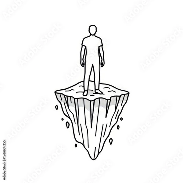 Fototapeta A person standing on a floating iceberg drawn in black and white against a plain white background art