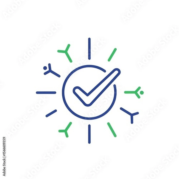 Fototapeta Blue circle with check mark surrounded by green and blue lines and stick figures radiating outward