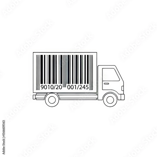 Fototapeta Outline drawing of a delivery truck with a barcode on its cargo container and numbers on the side