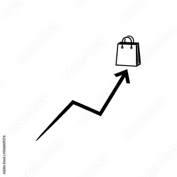 Fototapeta A shopping bag on top of an upward pointing arrow indicating growth in sales in a black and white image