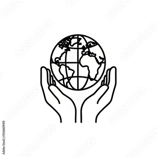 Fototapeta Outline drawing of two hands holding a globe with continents and latitude longitude lines visible
