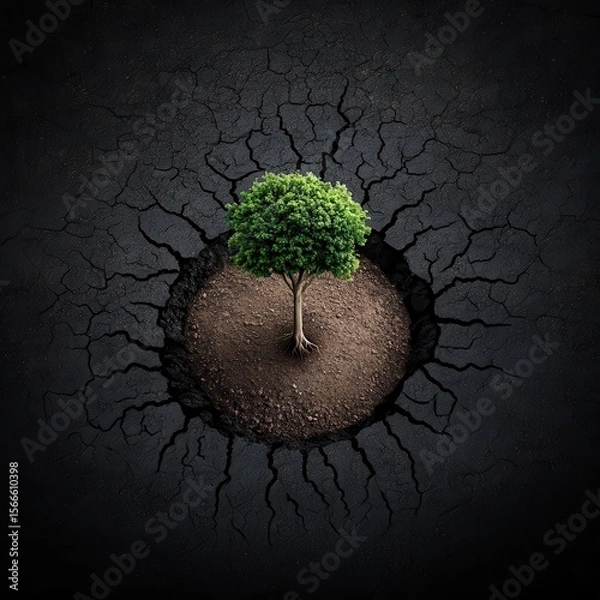 Obraz Tree Growing from Cracked Earth Symbolizing Resilience and Hope