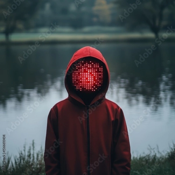 Obraz Mysterious Figure with LED Face in Red Hooded Jacket