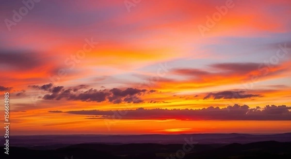Fototapeta Fiery Sunset Over Distant Hills and Cloudscape