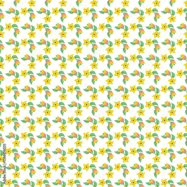 Fototapeta Floral Pattern With Yellow Blossoms and Green Leaves on White Background