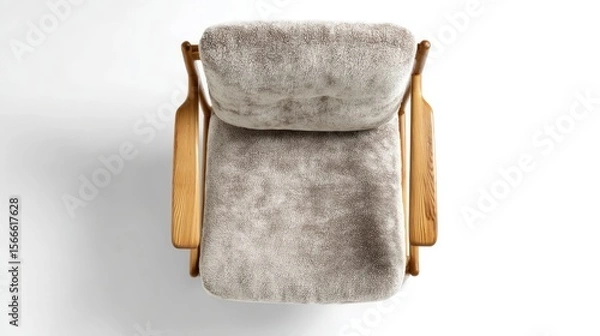 Fototapeta Modern armchair featuring light wooden frame, soft grey upholstery, offering comfortable seating in contemporary interior design setting