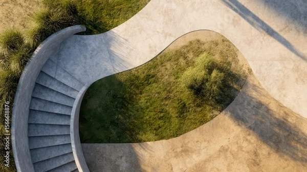 Fototapeta Concrete pathway curving through green landscaping, blending architectural elements with natural surroundings in contemporary urban park setting