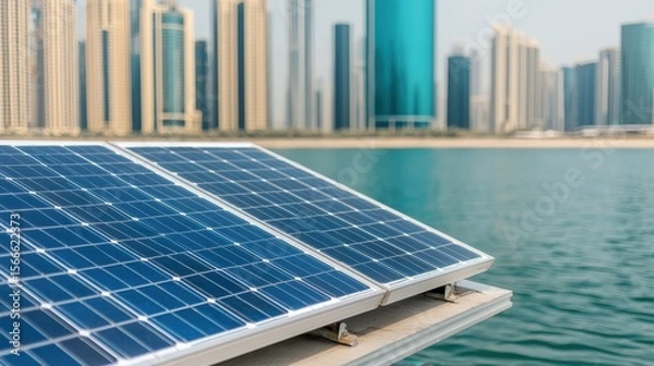 Obraz Solar Panels Overlooking Urban Skyline With Water Reflection
