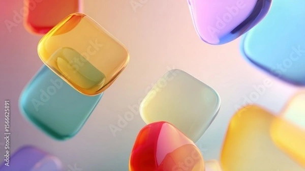 Fototapeta Abstract Colorful Floating Gems: A vibrant, glossy display of multicolored, square and rounded shapes.