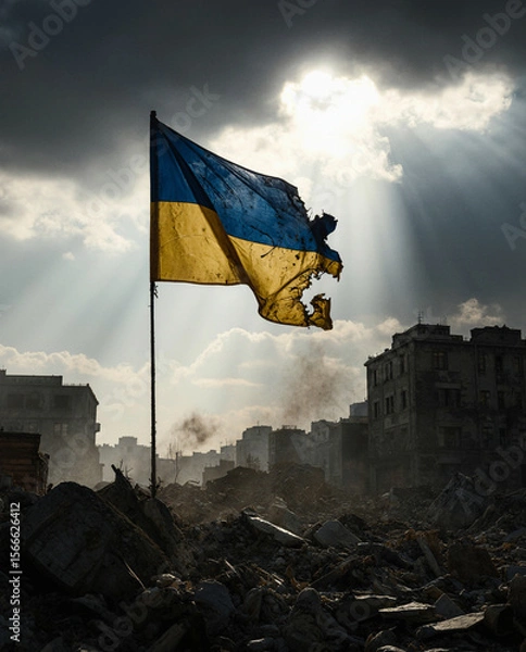 Fototapeta A tattered Ukrainian flag (blue and yellow) waving in the wind amidst a war-torn urban landscape. The flag is partially burned, with visible bullet holes, symbolizing resistance. The background shows 