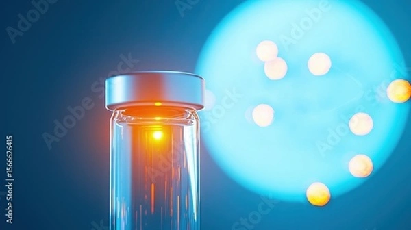 Obraz Glass vial with glowing substance against blue backdrop