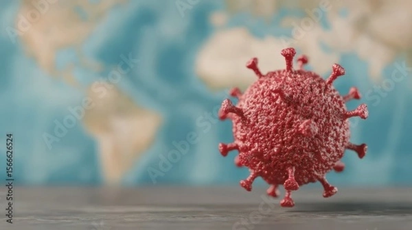 Obraz Red Virus Model on Table with World Map in Background
