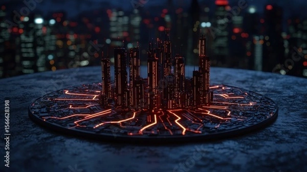 Obraz Futuristic cityscape with glowing circuitry and skyline details