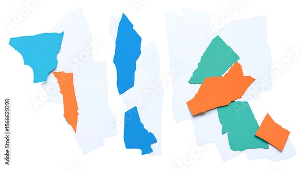 Fototapeta Abstract arrangement of colorful torn paper shapes on a white background