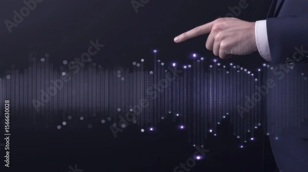 Obraz Hand Pointing at Digital Sound Waves with Blue Light Effects