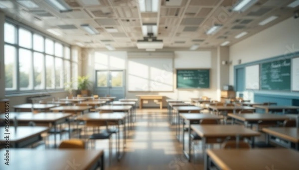 Fototapeta BEAUTIFUL Blurred Background of a Bright Classroom and Study Room with Panoramic Windows and Good Lighting. Beautiful Blurred School Background.