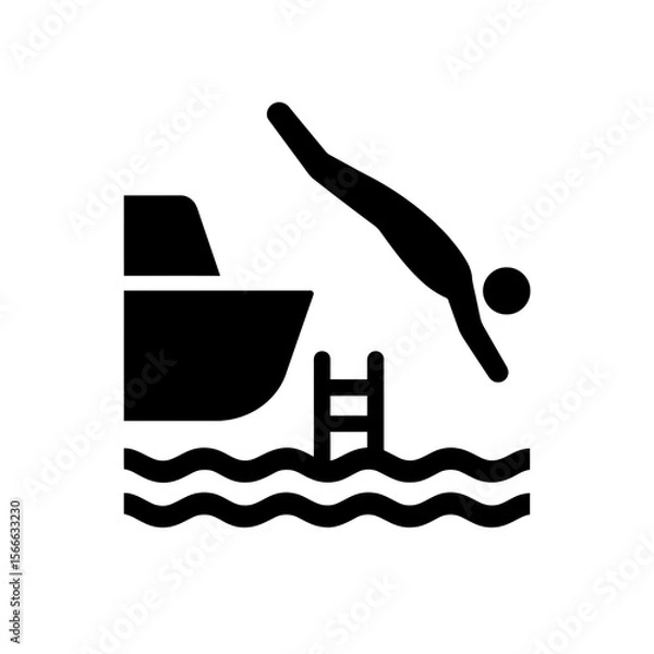 Fototapeta very simple flat and single minimalist Diving Off a Boat Silhouettes in black on a white background