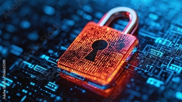 Obraz Bright Red Padlock Icon Over Digital Circuit Background