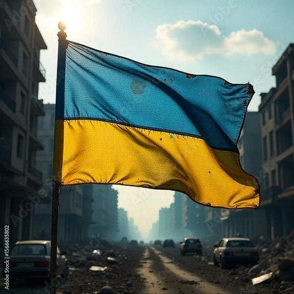 Fototapeta  A tattered Ukrainian flag (blue and yellow) waving in the wind amidst a war-torn urban landscape. The flag is partially burned, with visible bullet holes, symbolizing resistance. The background shows