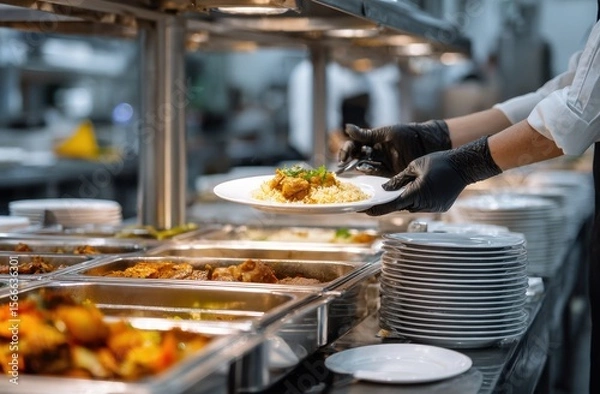 Fototapeta A chef carefully serves a delicious plated meal from a vibrant buffet line, showcasing fresh ingredients and culinary expertise.