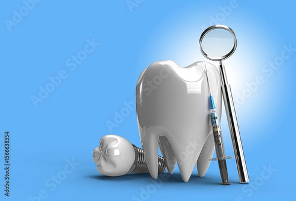 Fototapeta Dental tools and tooth model in blue background for dental concept

