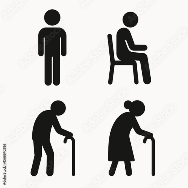 Fototapeta very simple flat and single minimalist Stick Figures & Elderly Silhouettes in black on a white background