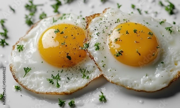 Fototapeta Delicately Plated Fried Eggs with Soft Yolks and Herbs for a Cozy Breakfast Mood