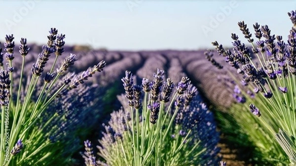 Fototapeta Beautiful lavender fields on a sunny day. lavender blooming scented flowers. Field against the sky