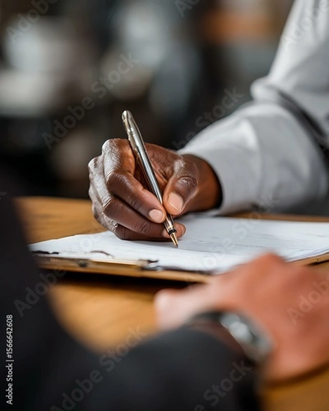 Fototapeta Closeup of applicant writing notes during interview