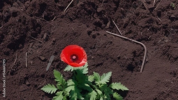 Fototapeta Red poppies on a field in spring, close-up of a large red flower,