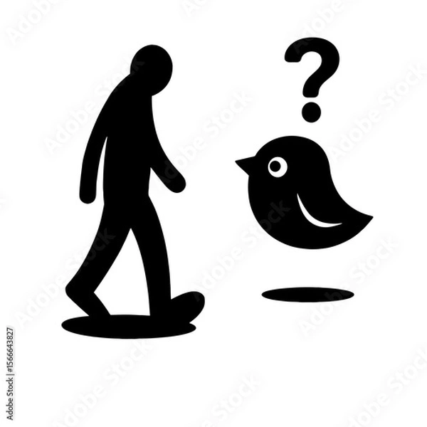 Fototapeta very simple flat and single minimalist Curious Bird Spirit Silhouettes in black on a white background