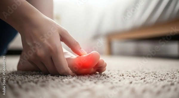 Obraz woman experiencing foot pain, touching her aching big toe with a red highlight on a comfortable carpet at home, concept of health issues and discomfort