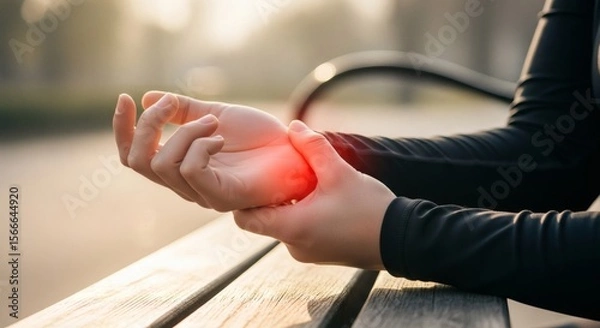 Obraz person holding painful wrist with red highlighted discomfort