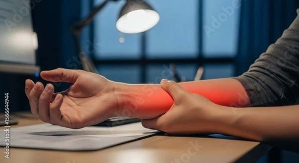 Obraz painful arm and wrist with red highlights, suffering from repetitive strain injury at work desk