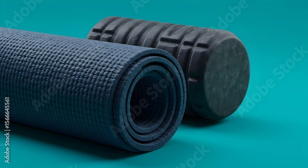 Fototapeta Rolled Yoga Mat and Foam Roller on Teal Background