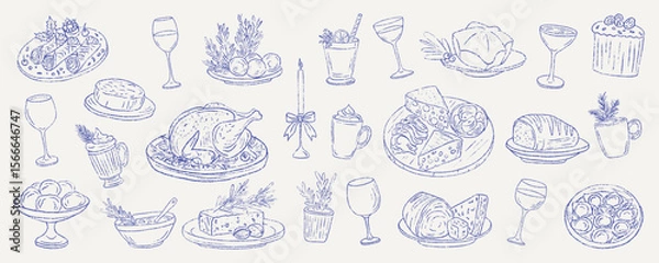 Obraz Set of traditional winter Italian food for festive Capodanno and Natale dinner. Featuring cannoli, struffoli, pandoro star bread, cured meat, grill chicken, panettone. Outline vector illustration.