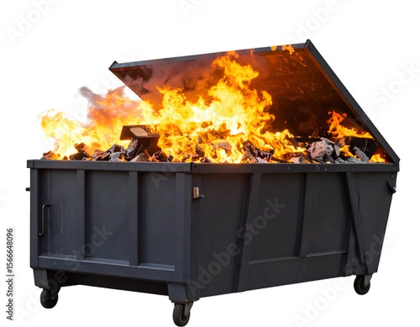 Fototapeta A fiery inferno rages within a heavy-duty industrial dumpster, illustrating a significant waste disposal problem.