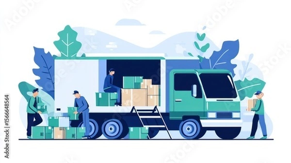 Fototapeta Moving truck with workers